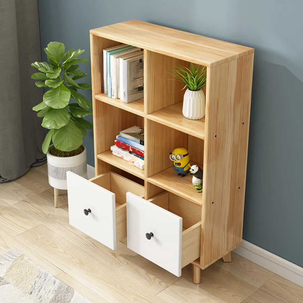 Stylish Natural Wood Drawers Tall Pine Storage Bookcase Image - 2