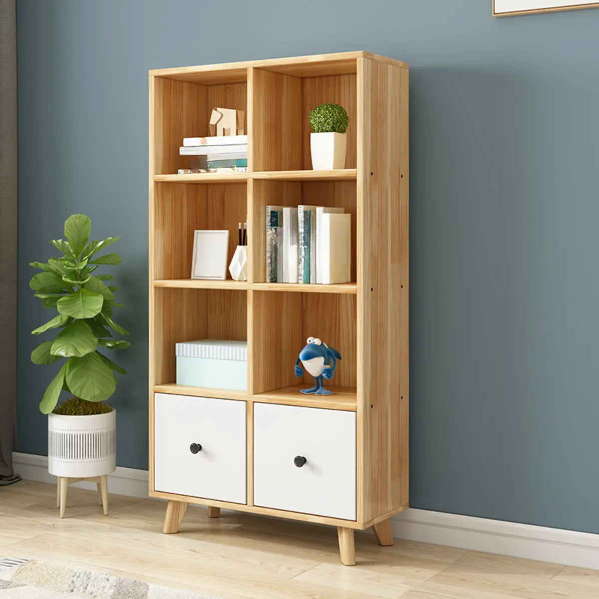 Stylish Natural Wood Drawers Tall Pine Storage Bookcase Image - 3