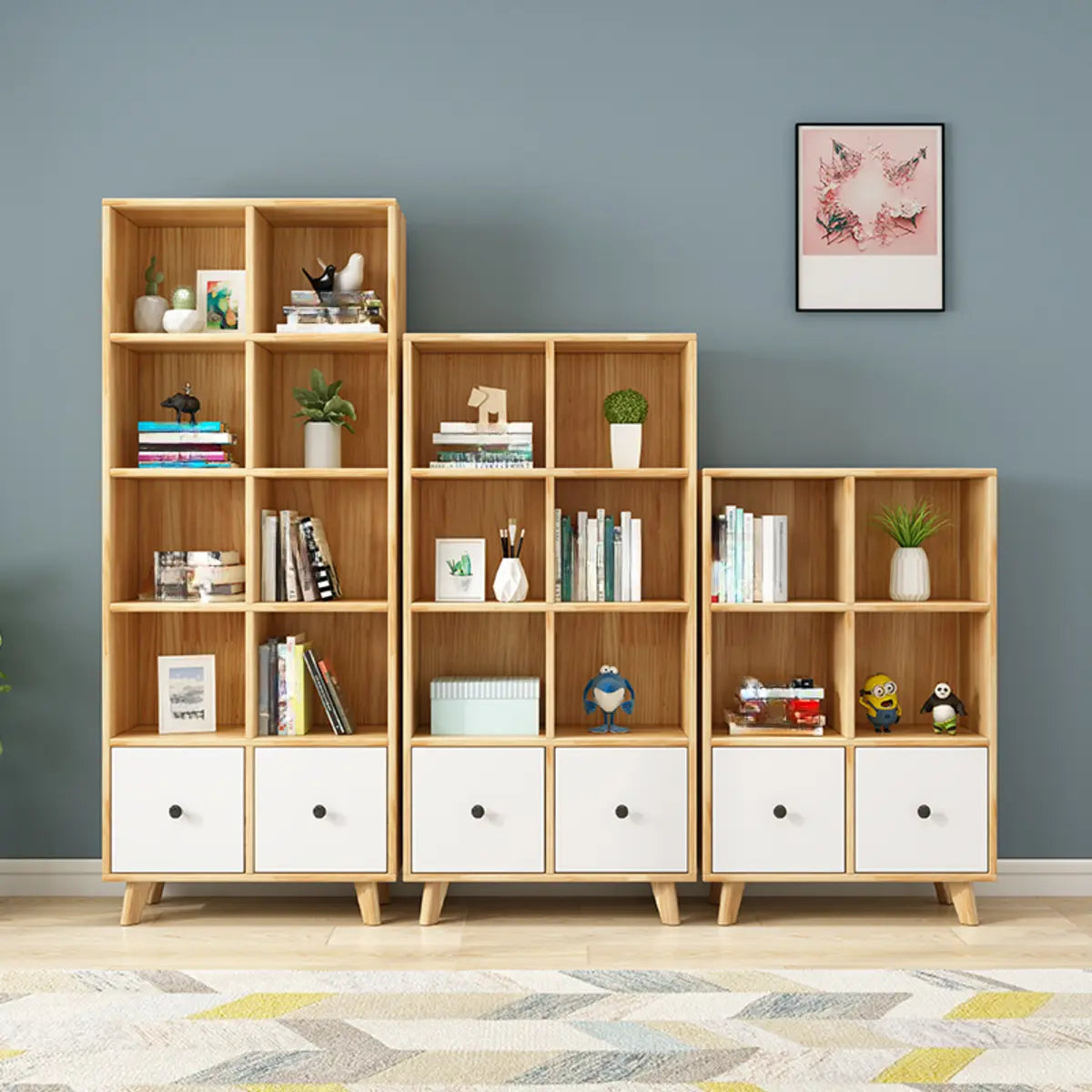 Stylish Natural Wood Drawers Tall Pine Storage Bookcase Image - 4