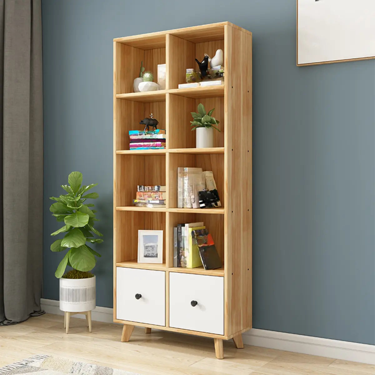 Stylish Natural Wood Drawers Tall Pine Storage Bookcase Image - 5