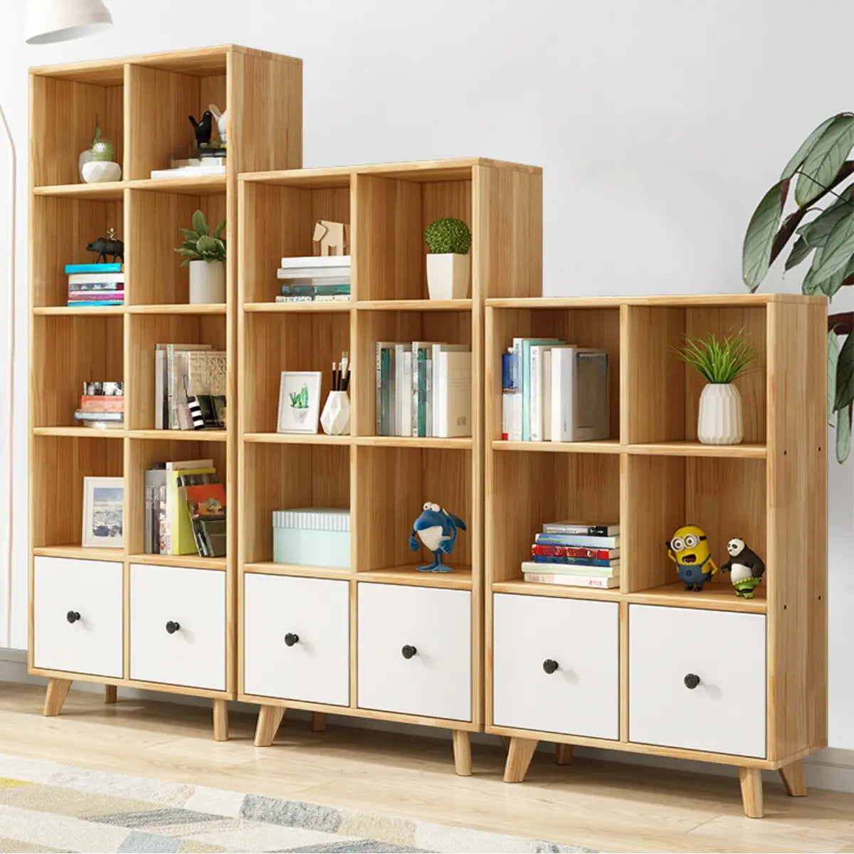 Stylish Natural Wood Drawers Tall Pine Storage Bookcase Image - 6
