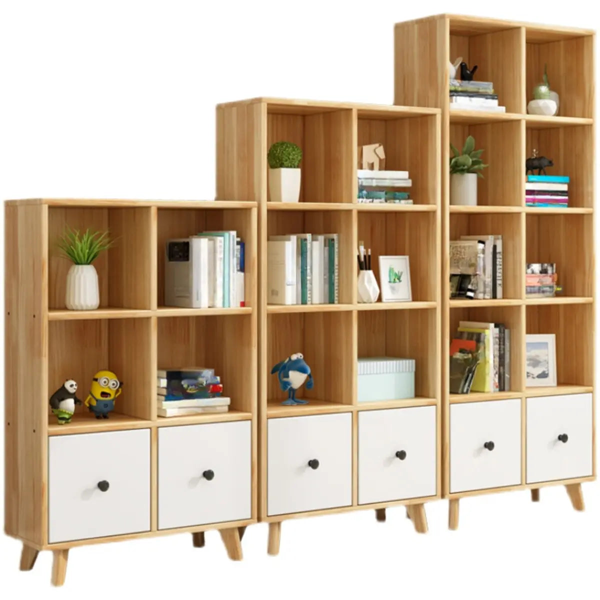 Stylish Natural Wood Drawers Tall Pine Storage Bookcase Image - 8
