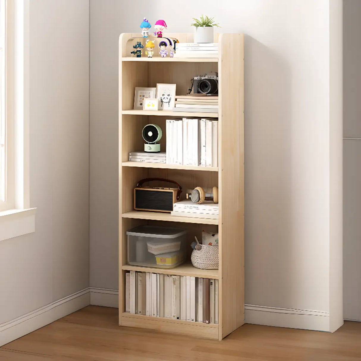 Stylish Natural Wood Finish Rectangular Small Bookcase Image - 7