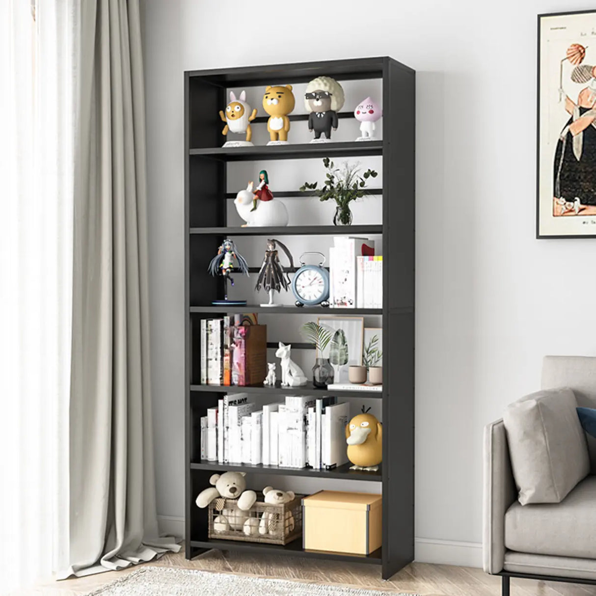 Stylish Open Back Alloy 6-Shelf Storage Bookshelf Black Image - 1