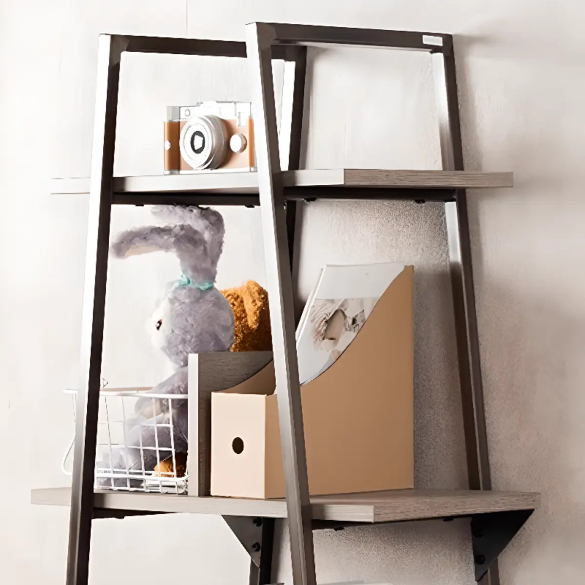 Stylish Open Ladder Alloy 5 Wooden Shelves Bookshelf Image - 12