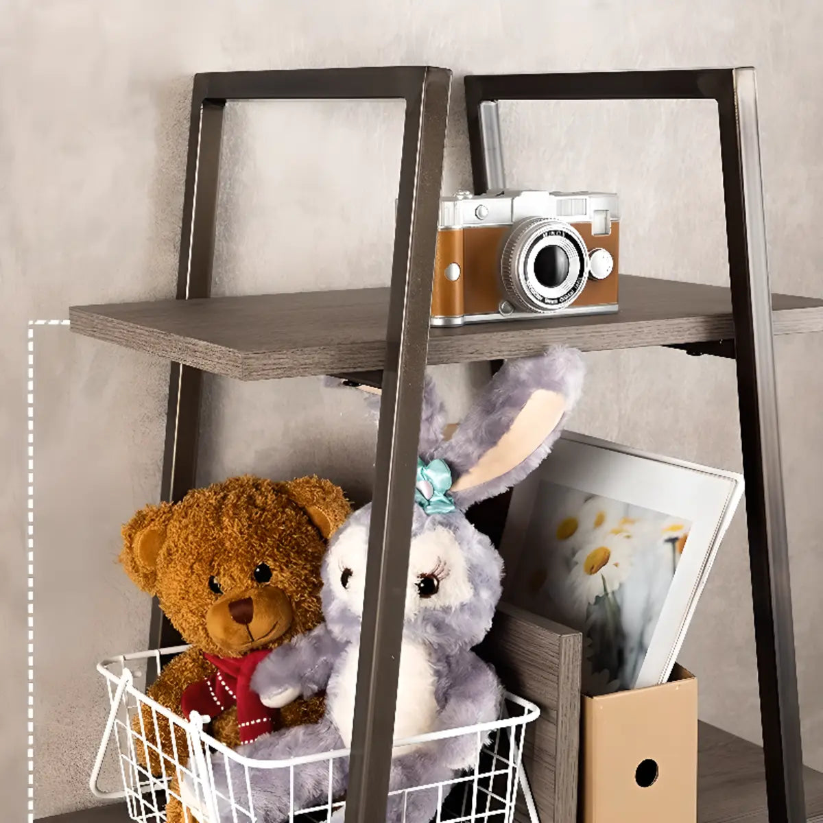 Stylish Open Ladder Alloy 5 Wooden Shelves Bookshelf Image - 13