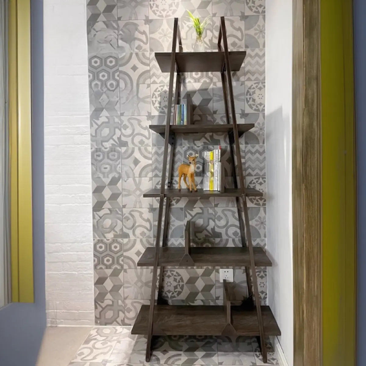 Stylish Open Ladder Alloy 5 Wooden Shelves Bookshelf Image - 2