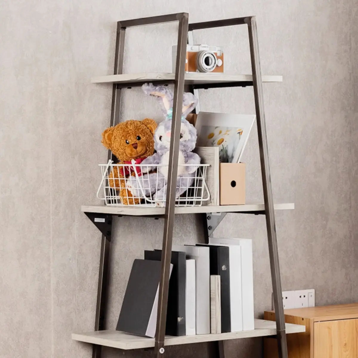 Stylish Open Ladder Alloy 5 Wooden Shelves Bookshelf Image - 4
