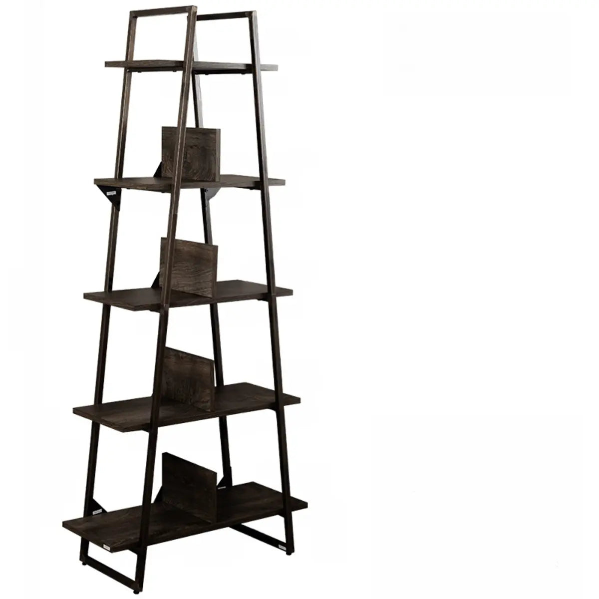 Stylish Open Ladder Alloy 5 Wooden Shelves Bookshelf Image - 5