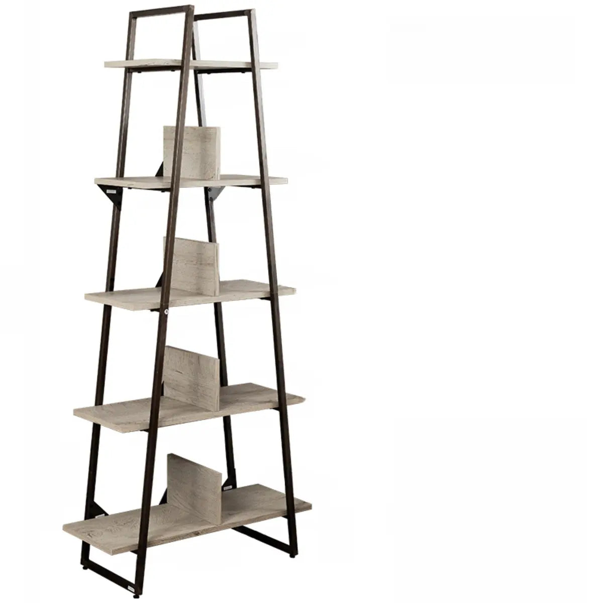 Stylish Open Ladder Alloy 5 Wooden Shelves Bookshelf Image - 7