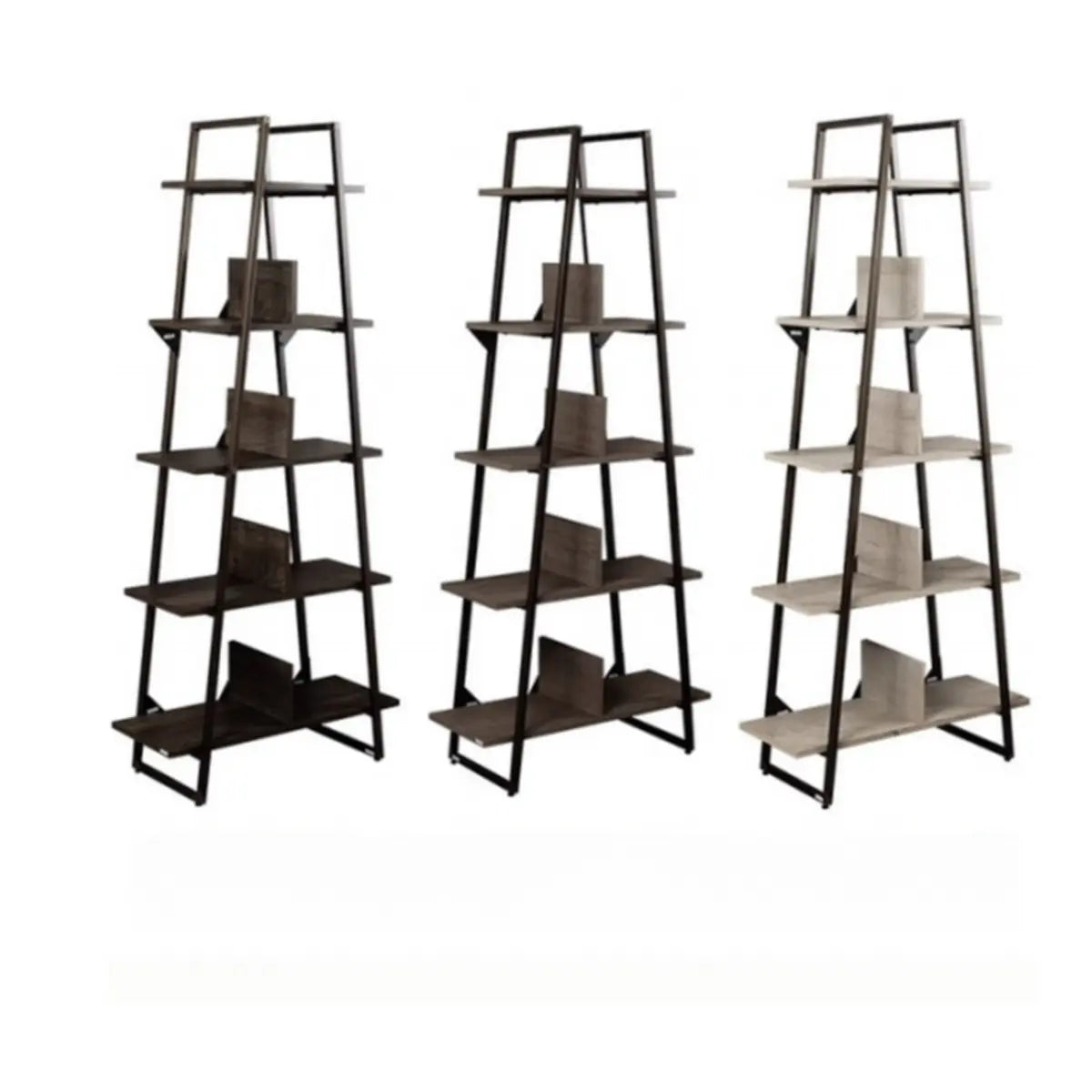 Stylish Open Ladder Alloy 5 Wooden Shelves Bookshelf Image - 9