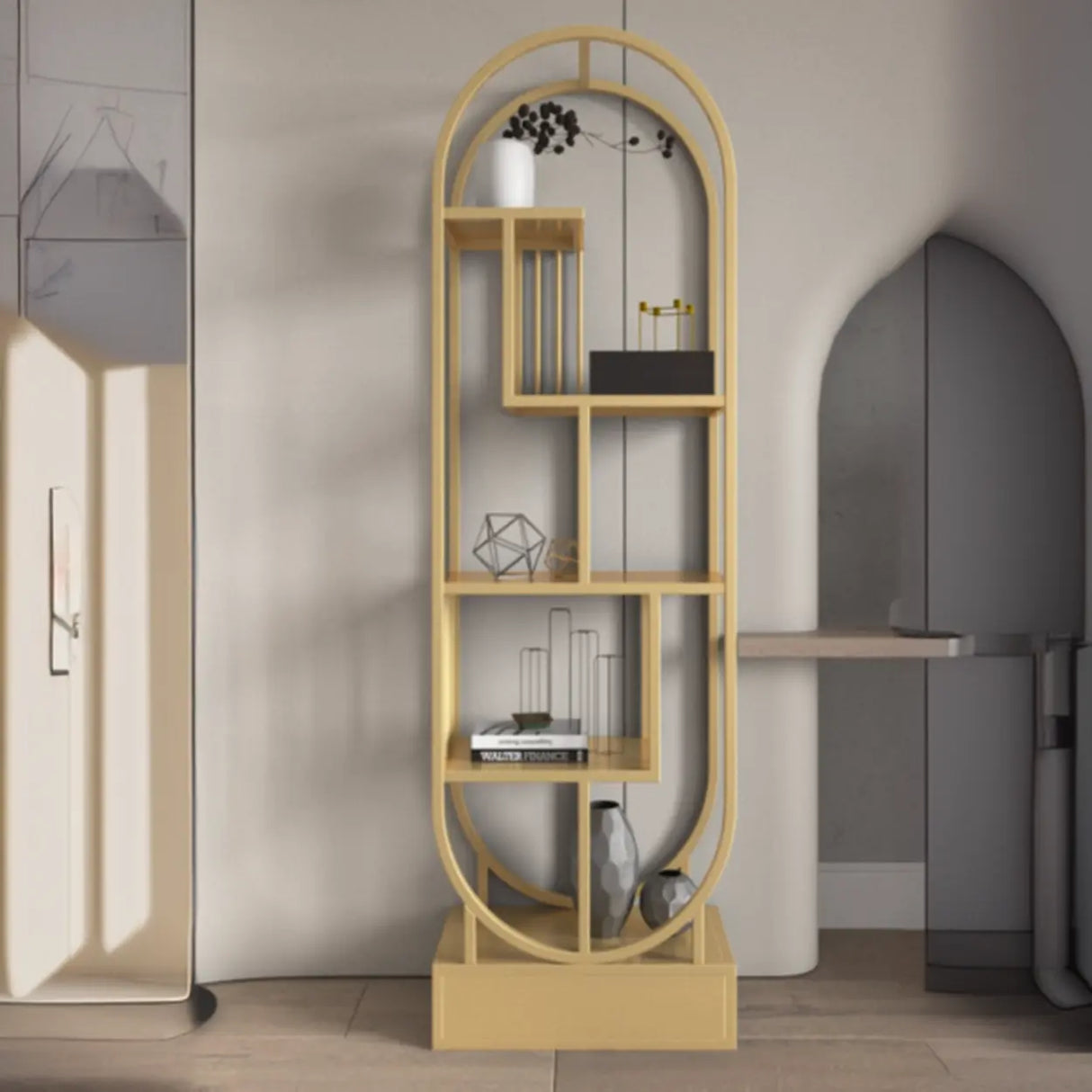 Stylish Open Oval Metal Frame Display Bookshelf Gold Image - 1