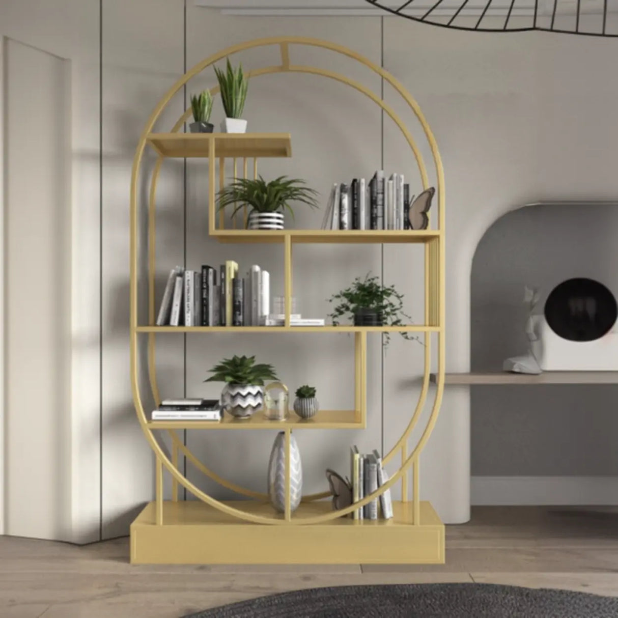 Stylish Open Oval Metal Frame Display Bookshelf Gold Image - 6