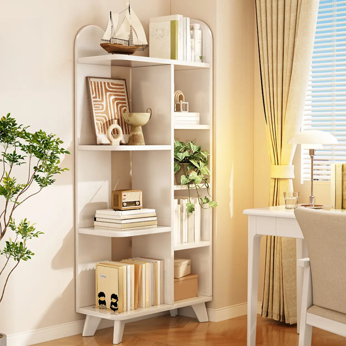 Stylish Open Wood Curved Corner Storage Bookcase White Image - 1