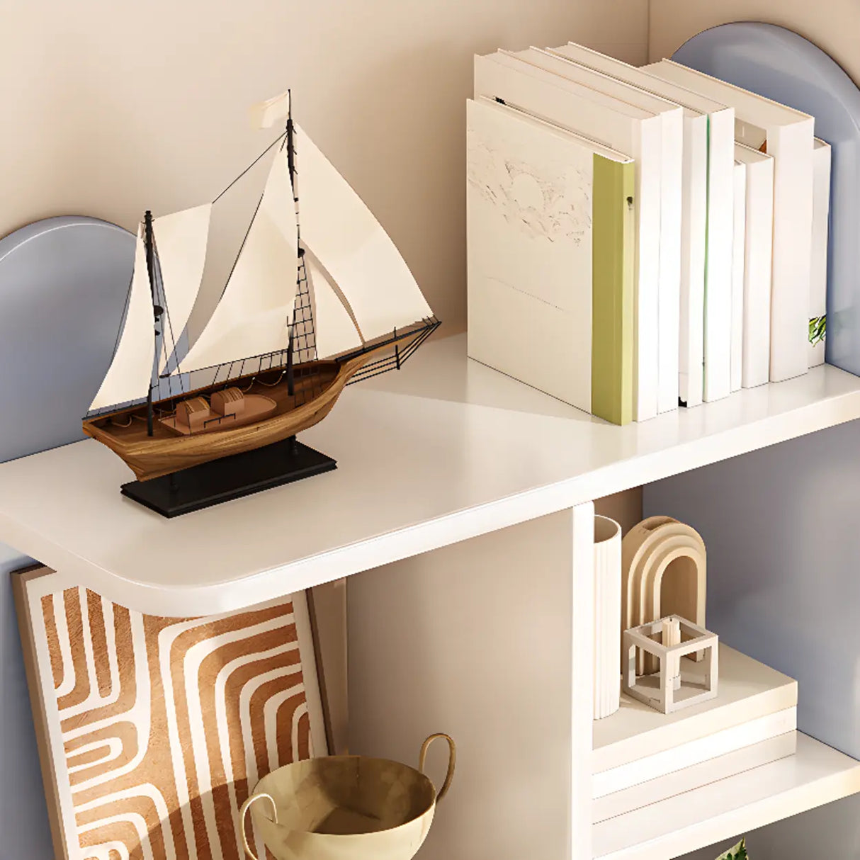 Stylish Open Wood Curved Corner Storage Bookcase White Image - 11