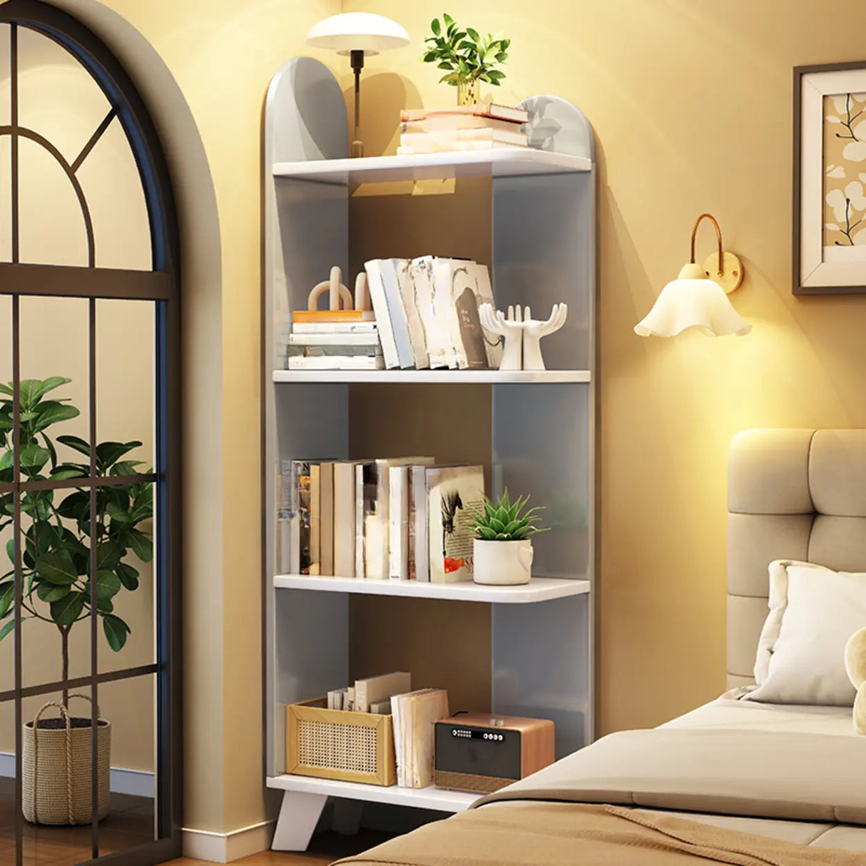 Stylish Open Wood Curved Corner Storage Bookcase White Image - 12