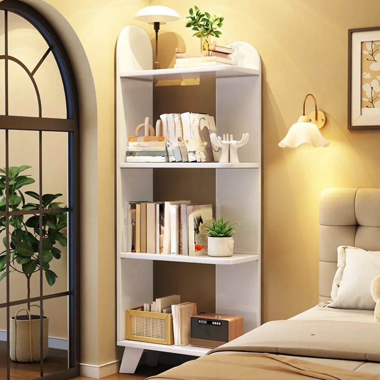 Stylish Open Wood Curved Corner Storage Bookcase White Image - 13