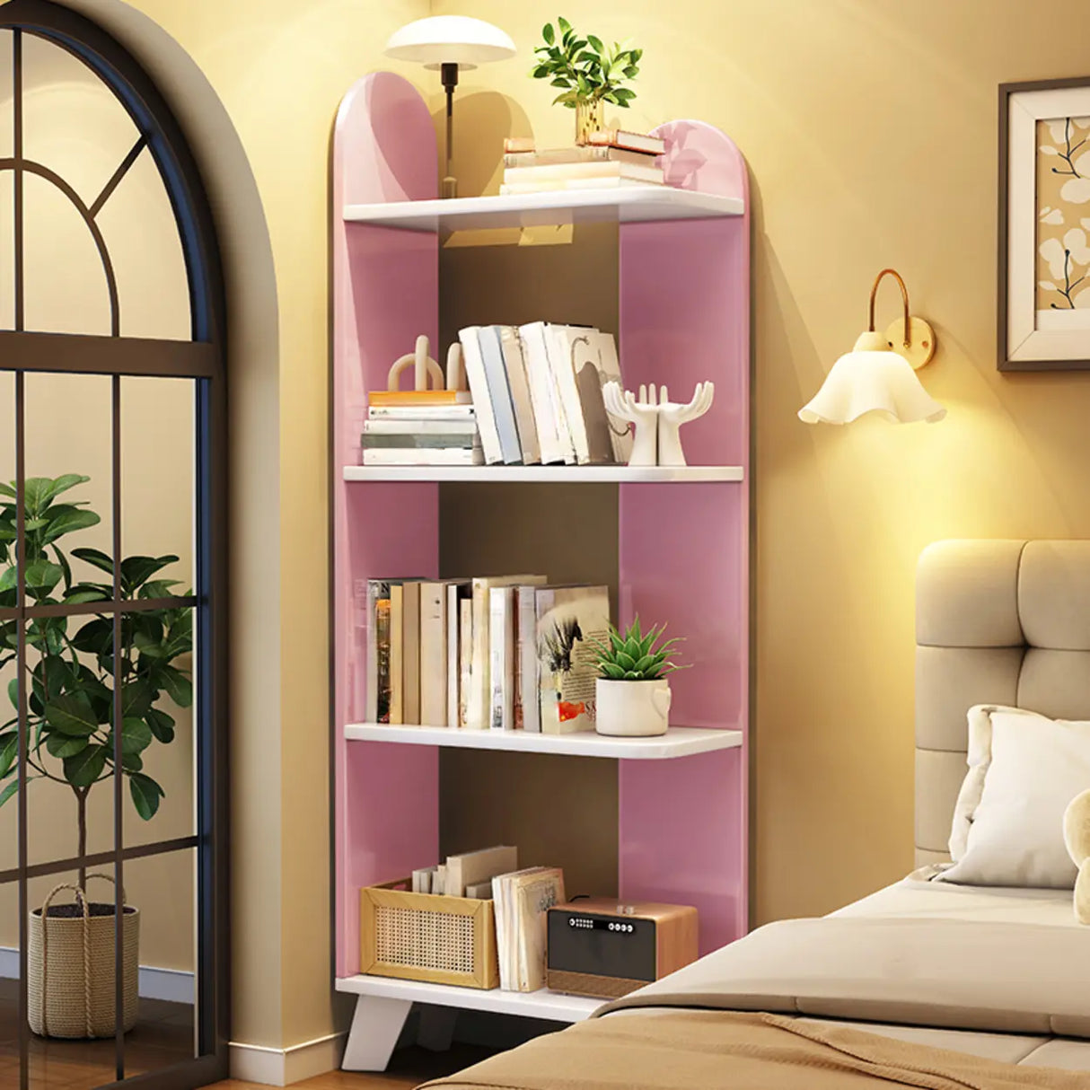 Stylish Open Wood Curved Corner Storage Bookcase White Image - 14