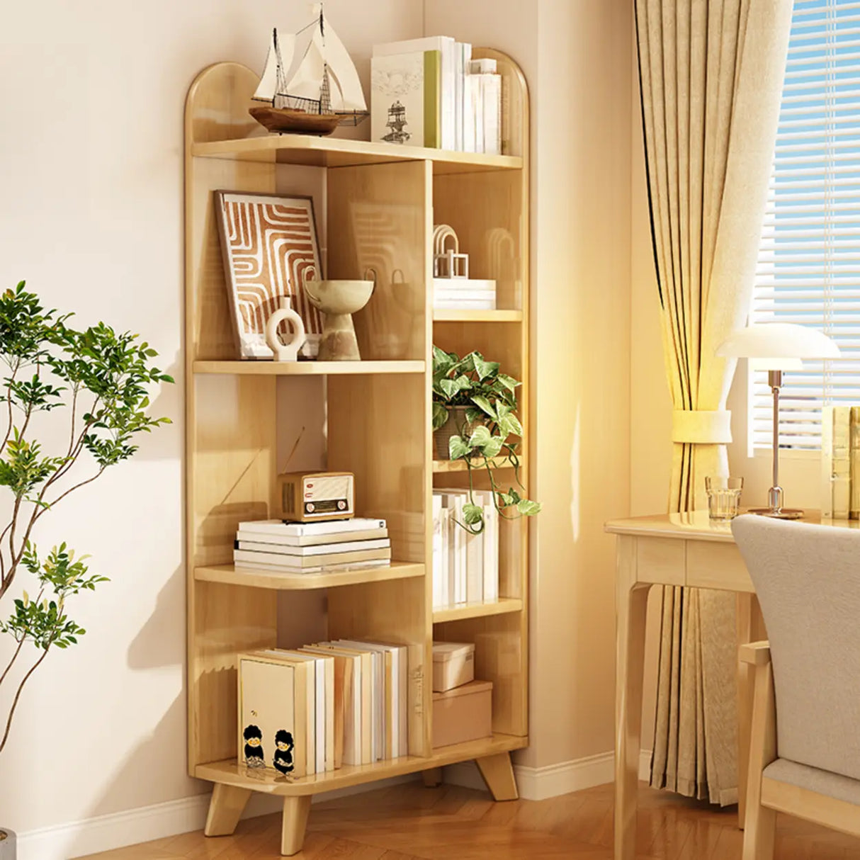 Stylish Open Wood Curved Corner Storage Bookcase White Image - 17