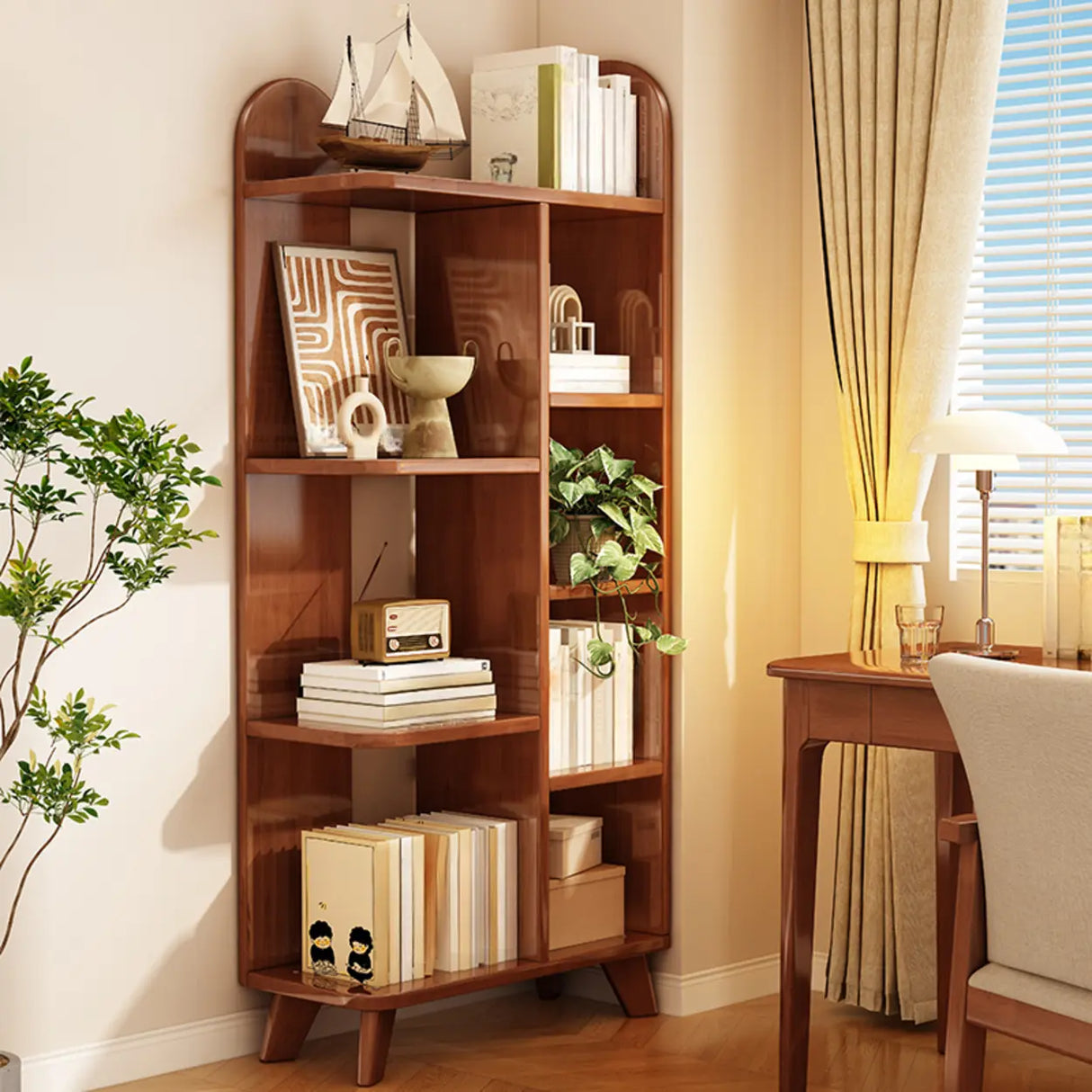 Stylish Open Wood Curved Corner Storage Bookcase White Image - 2