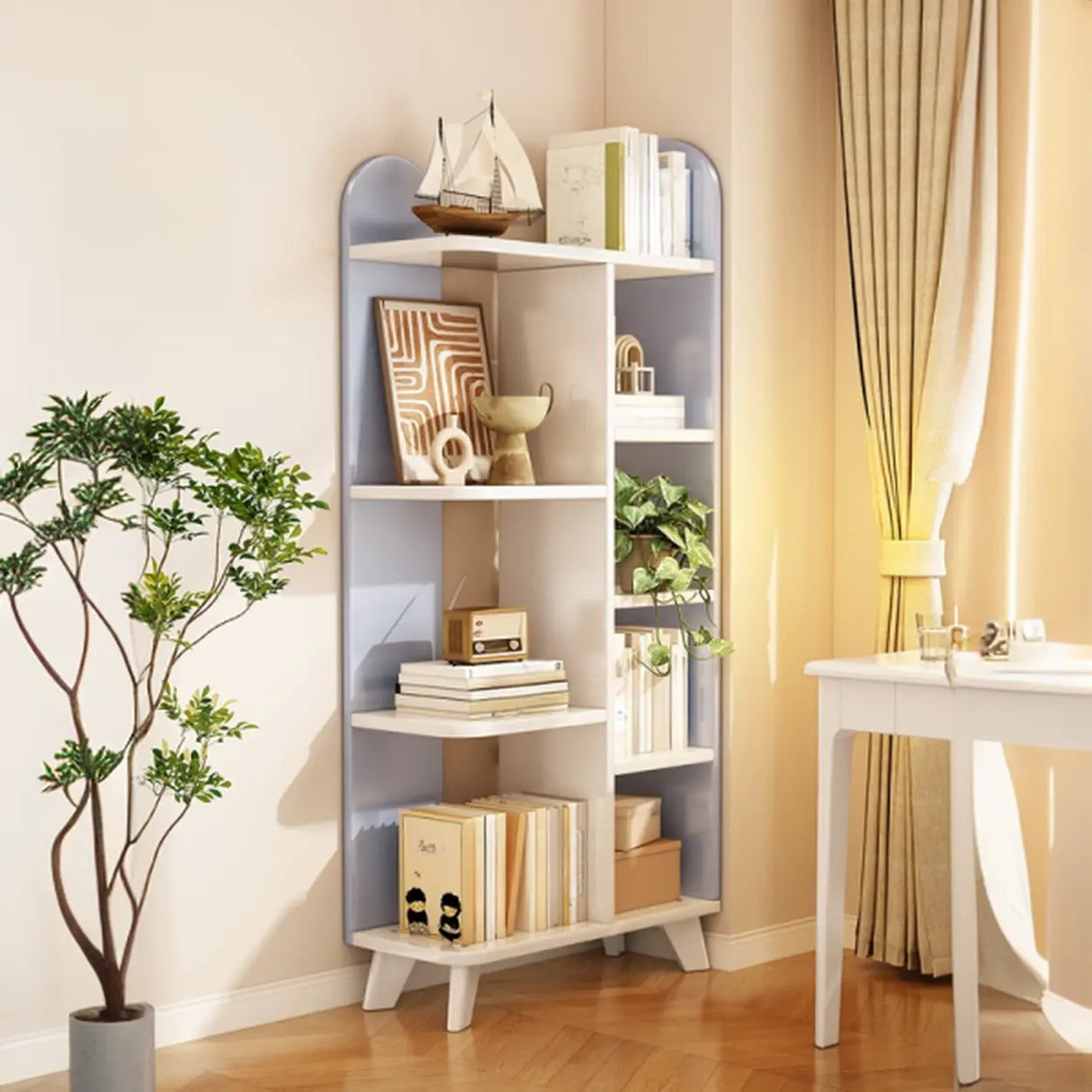 Stylish Open Wood Curved Corner Storage Bookcase White Image - 3