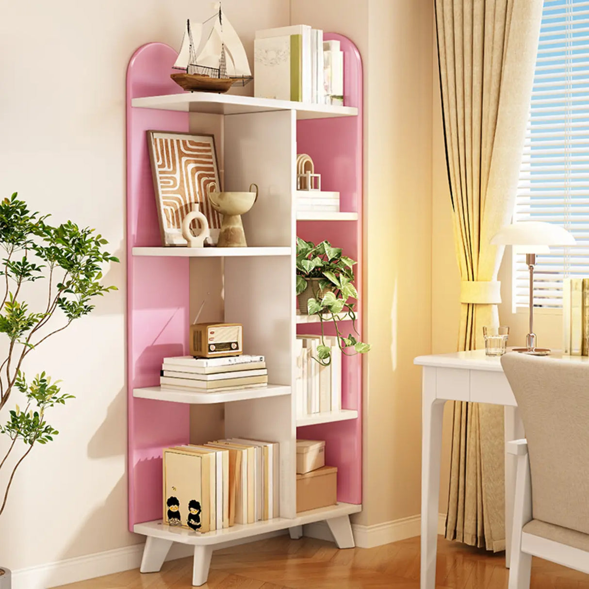 Stylish Open Wood Curved Corner Storage Bookcase White Image - 4