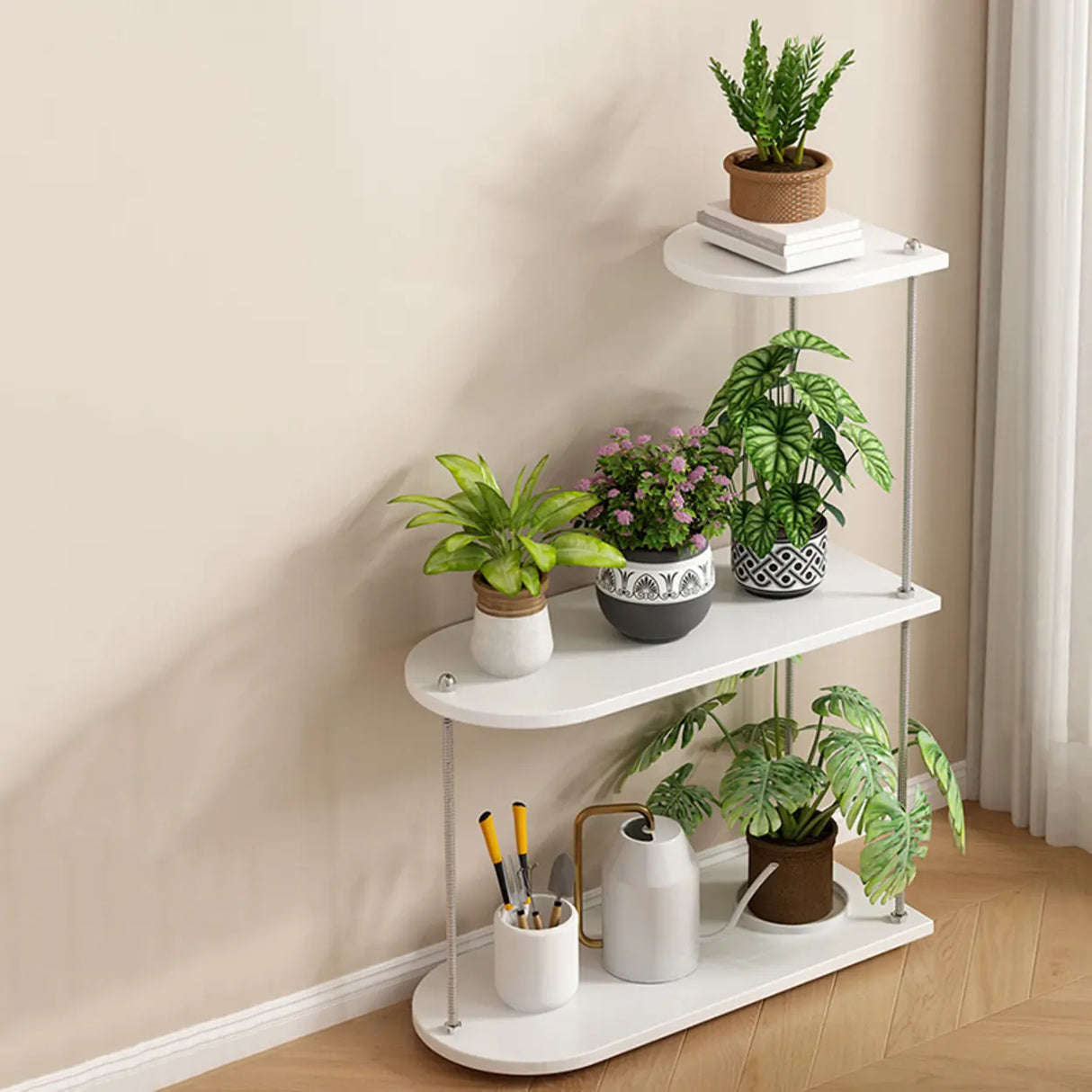 Stylish Oval 3-Tiers Shelves Wood Plant Stand Image - 4