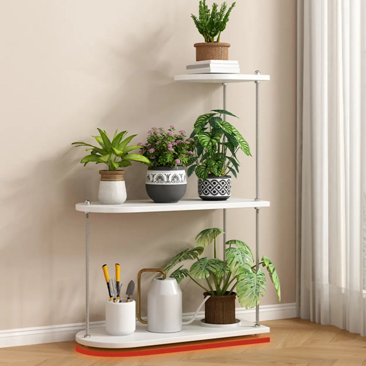 Stylish Oval 3-Tiers Shelves Wood Plant Stand Image - 6