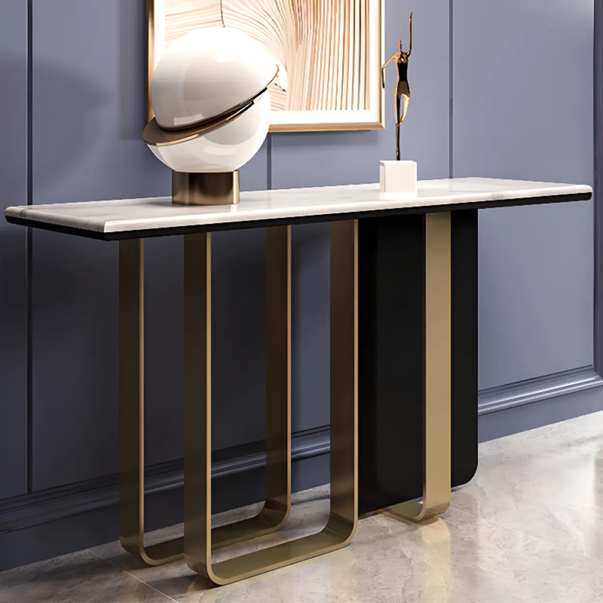 Stylish Rectangular Marble Top Iron Base Console Table Image - 1