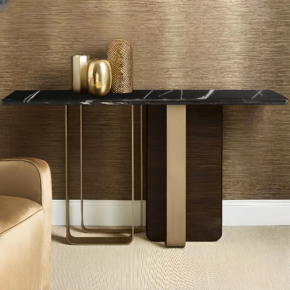 Stylish Rectangular Marble Top Iron Base Console Table Image - 4
