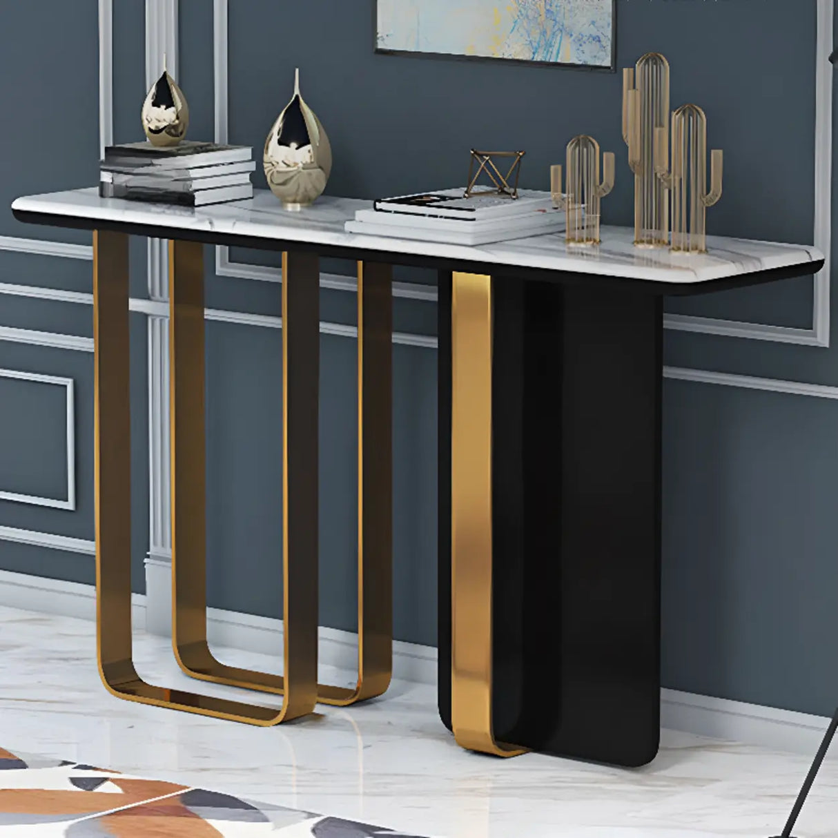 Stylish Rectangular Marble Top Iron Base Console Table Image - 6
