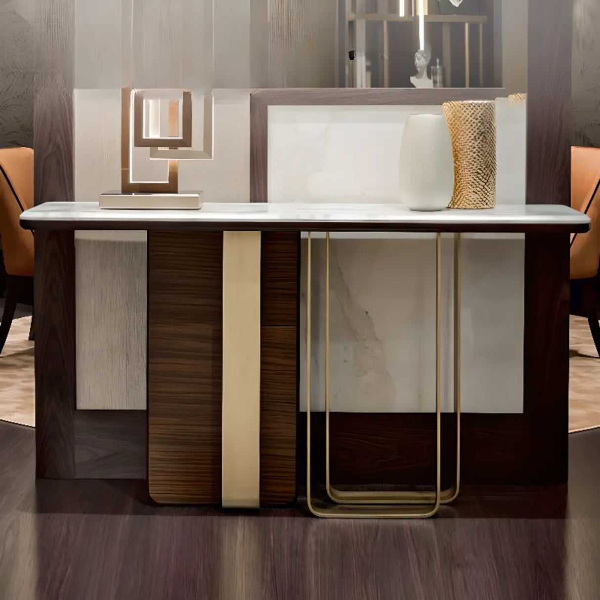 Stylish Rectangular Marble Top Iron Base Console Table Image - 7