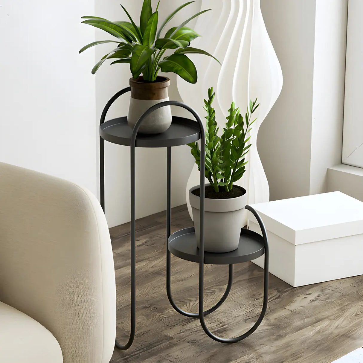 Stylish Round Metal 2 Tiers Black Sled Base Plant Stand Image - 1