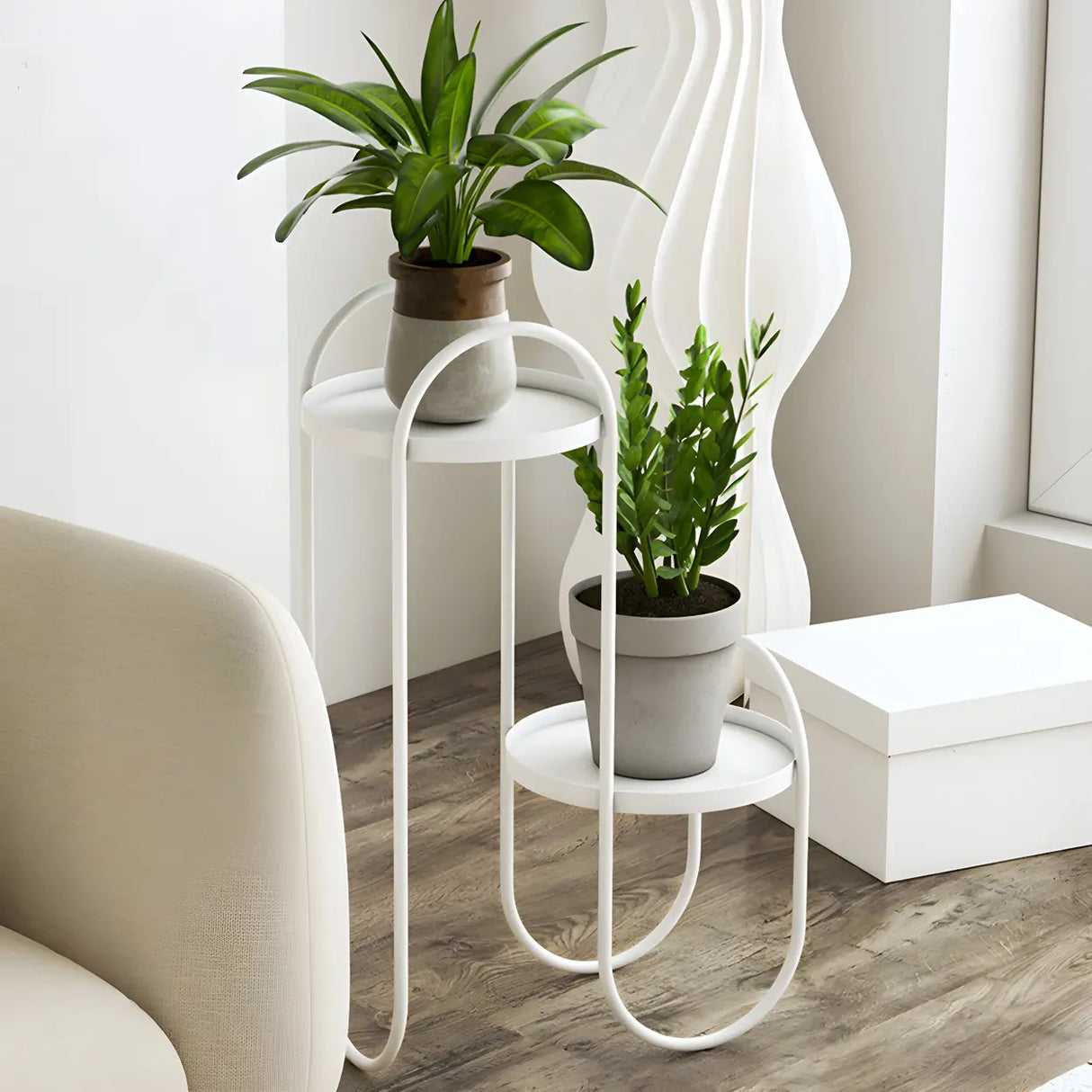 Stylish Round Metal 2 Tiers Black Sled Base Plant Stand Image - 2