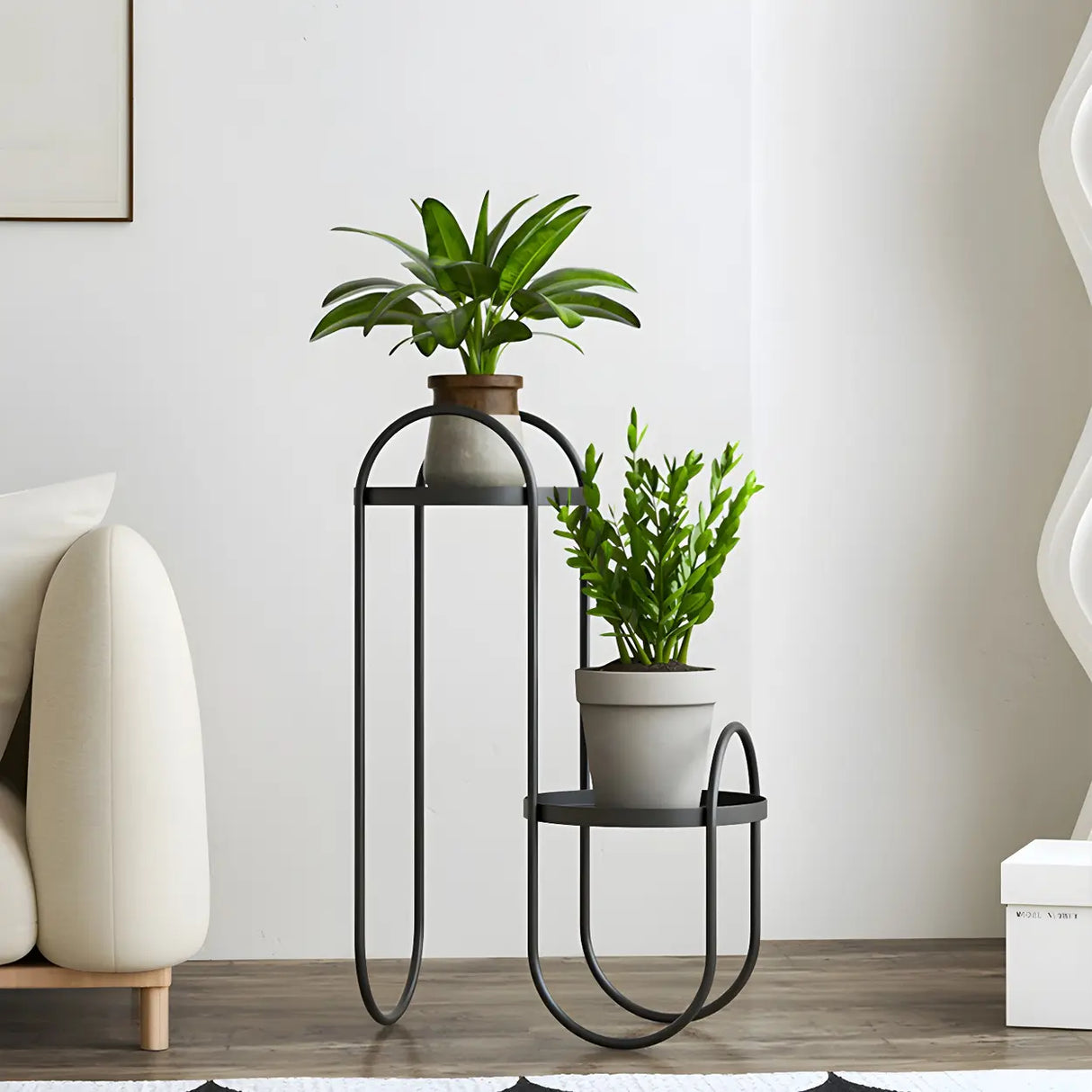 Stylish Round Metal 2 Tiers Black Sled Base Plant Stand Image - 3