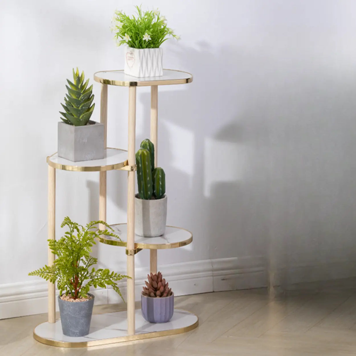 Stylish Round Wood Indoor Natural Tiered Plant Stand Image - 3