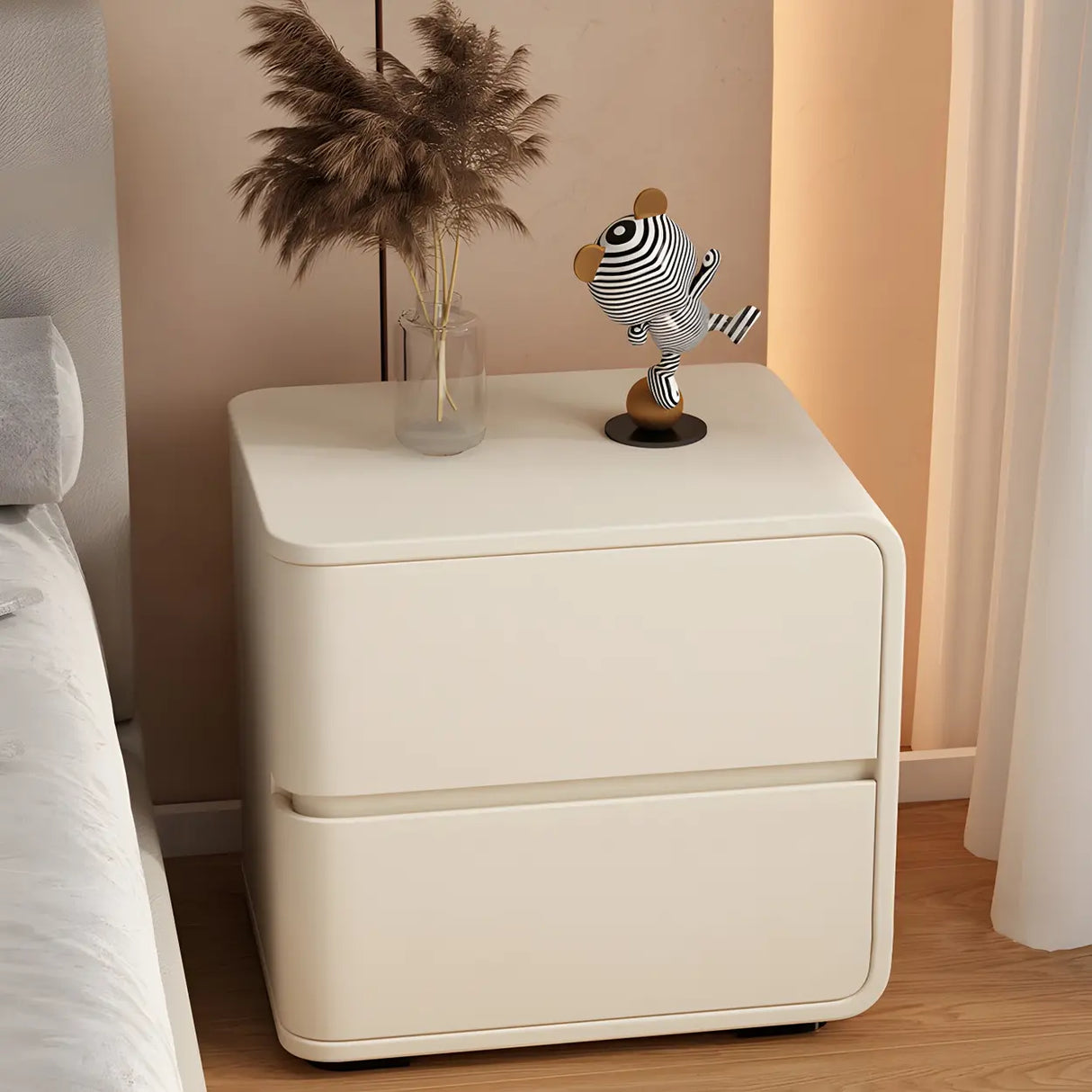 Stylish Rounded Wood Off-White Storage Nightstand Image - 1