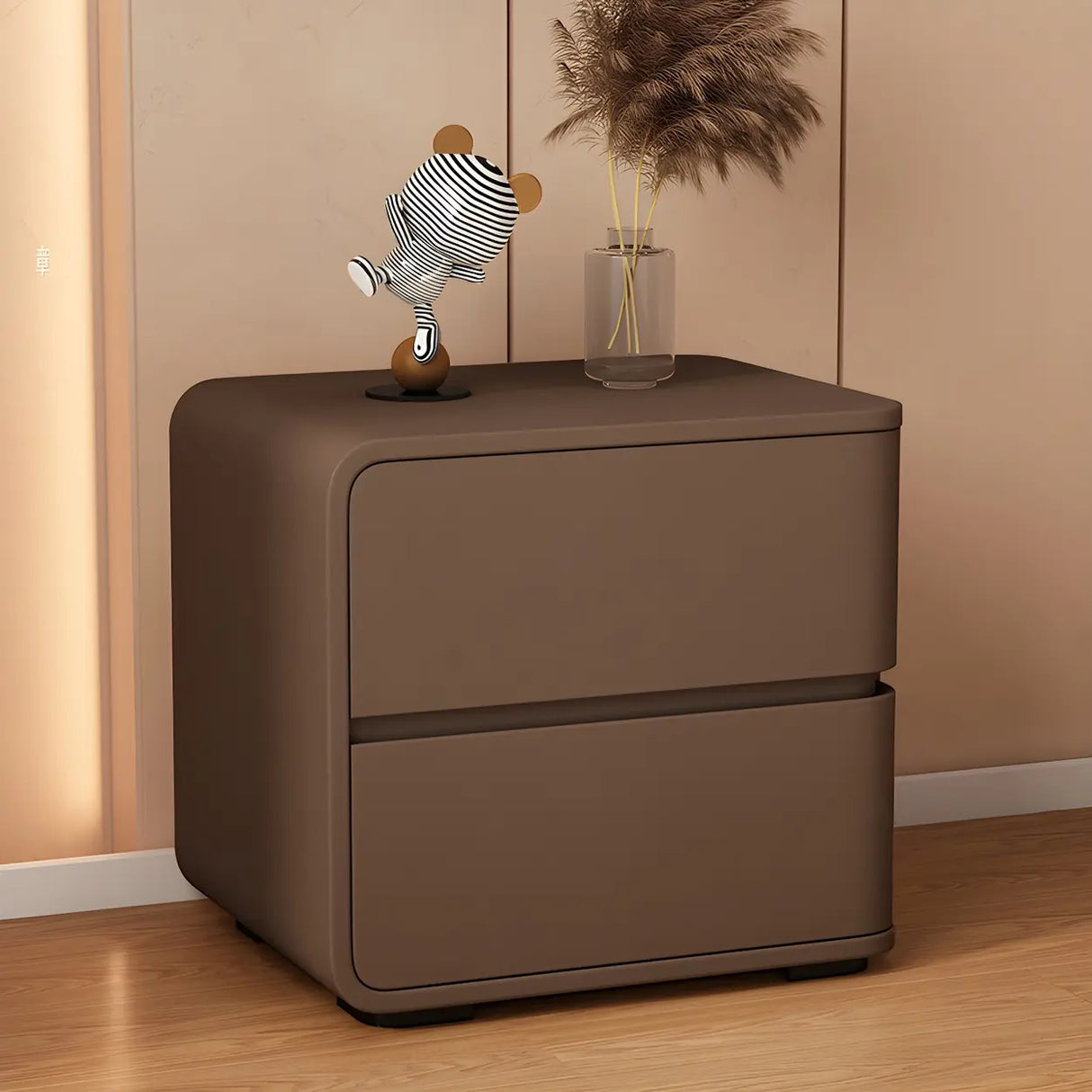 Stylish Rounded Wood Off-White Storage Nightstand Image - 11