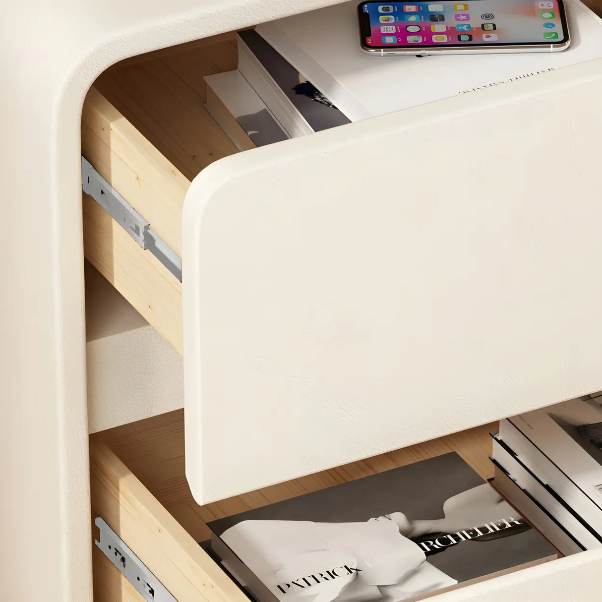 Stylish Rounded Wood Off-White Storage Nightstand Image - 13