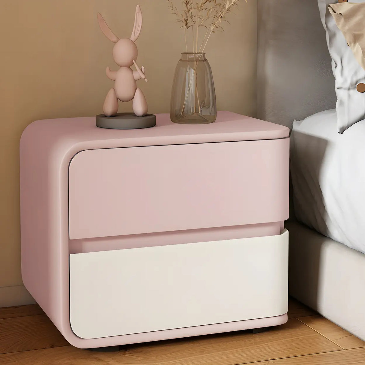 Stylish Rounded Wood Off-White Storage Nightstand Image - 14