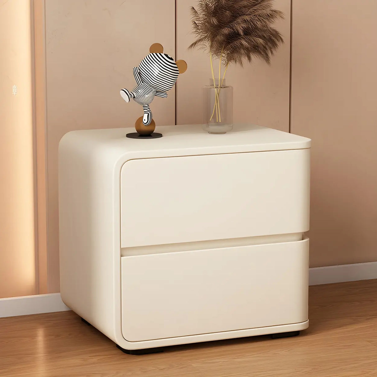 Stylish Rounded Wood Off-White Storage Nightstand Image - 16