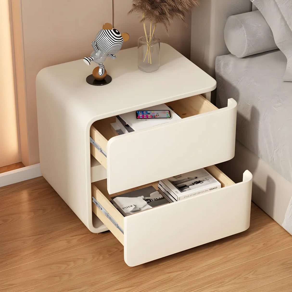 Stylish Rounded Wood Off-White Storage Nightstand Image - 17