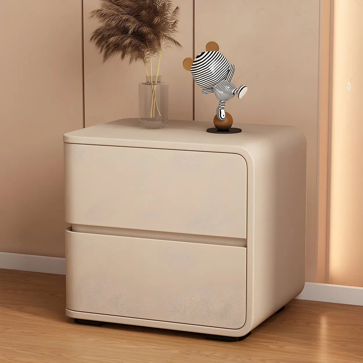 Stylish Rounded Wood Off-White Storage Nightstand Image - 25