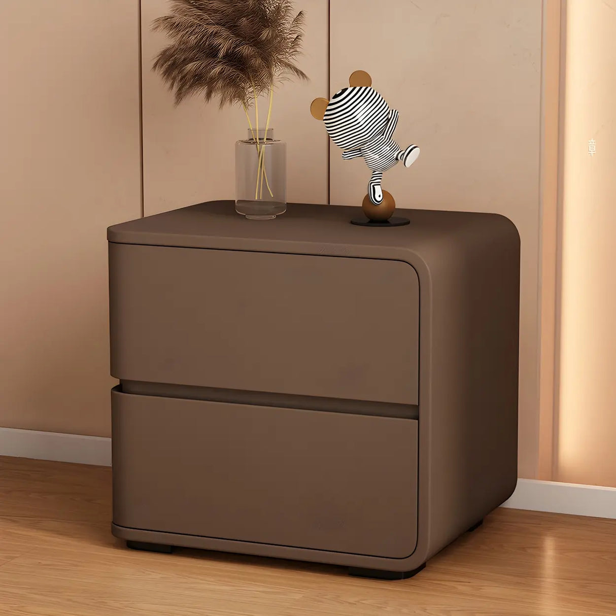 Stylish Rounded Wood Off-White Storage Nightstand Image - 28