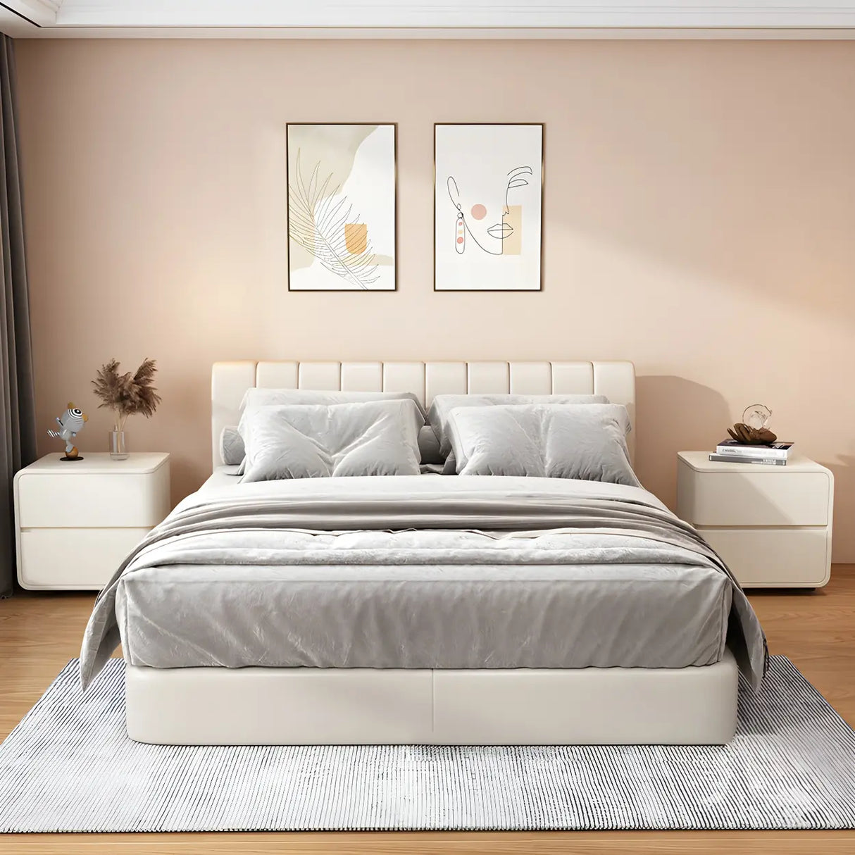 Stylish Rounded Wood Off-White Storage Nightstand Image - 29