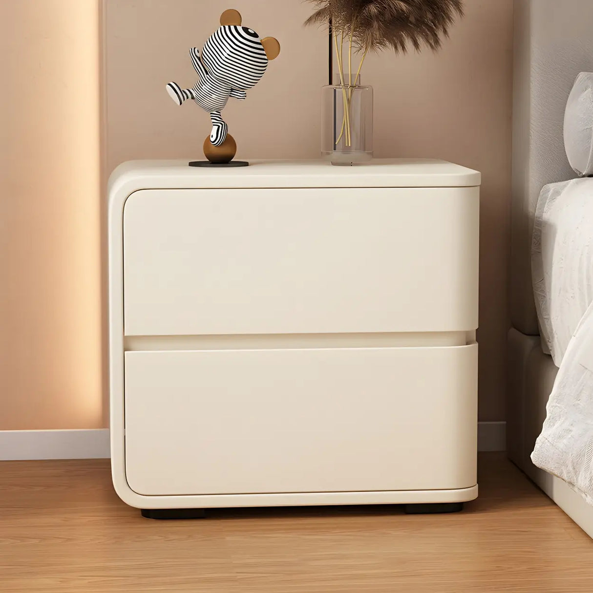 Stylish Rounded Wood Off-White Storage Nightstand Image - 3