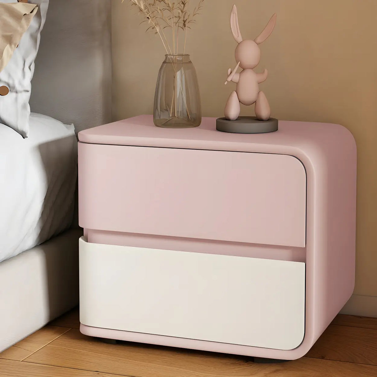 Stylish Rounded Wood Off-White Storage Nightstand Image - 30