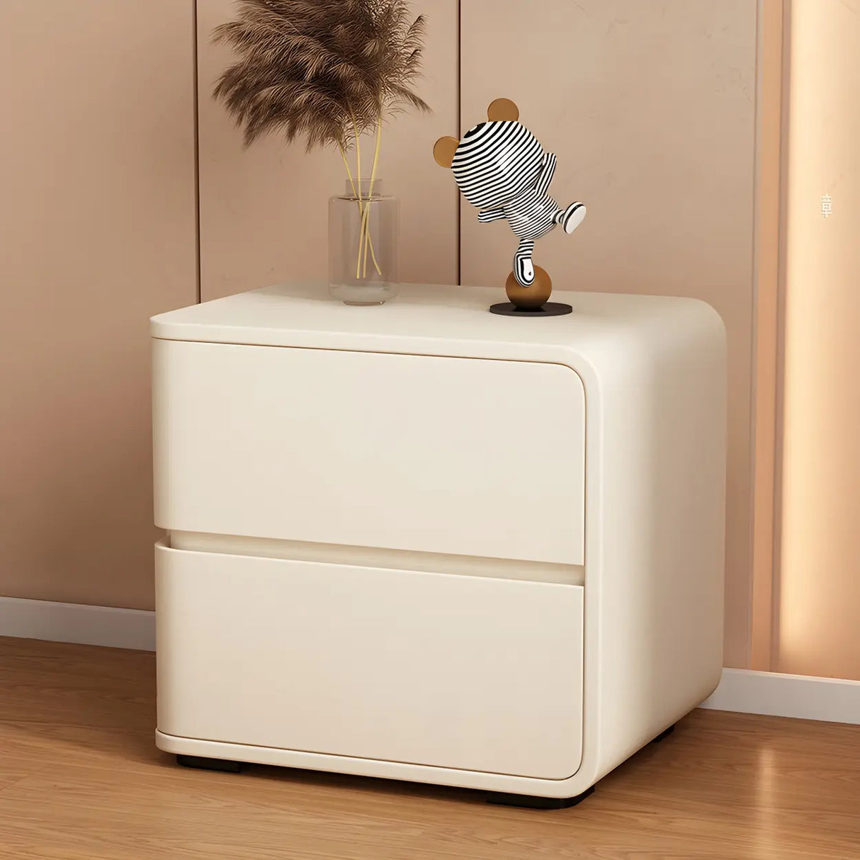 Stylish Rounded Wood Off-White Storage Nightstand Image - 31