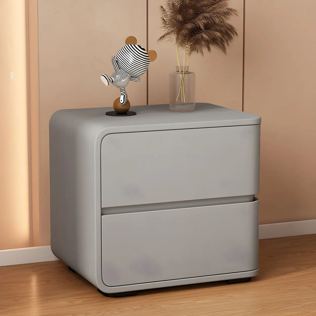 Stylish Rounded Wood Off-White Storage Nightstand Image - 4