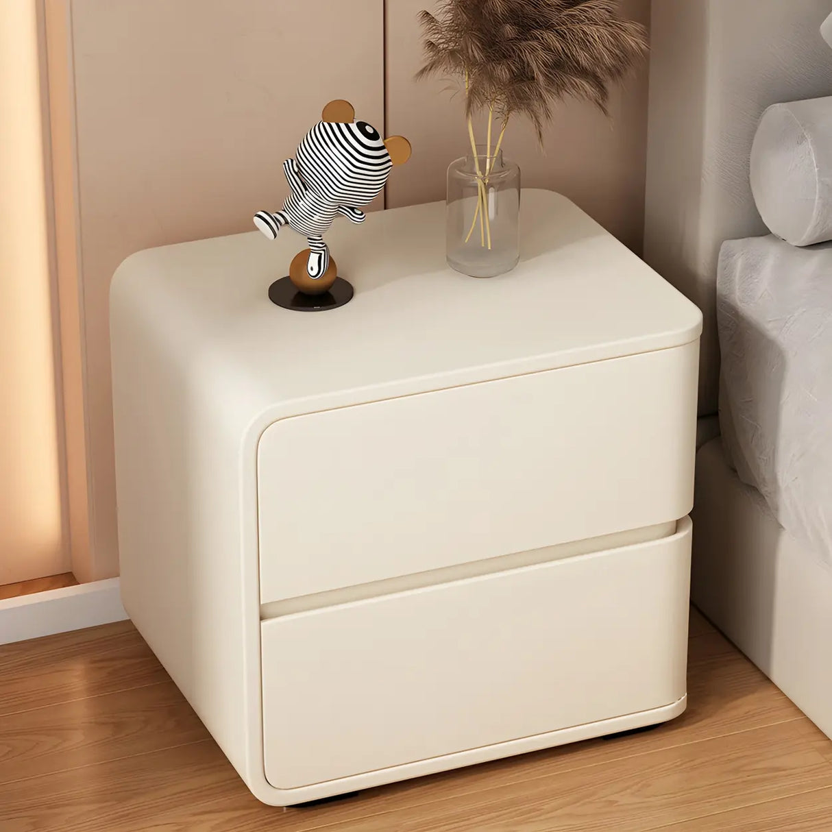 Stylish Rounded Wood Off-White Storage Nightstand Image - 5